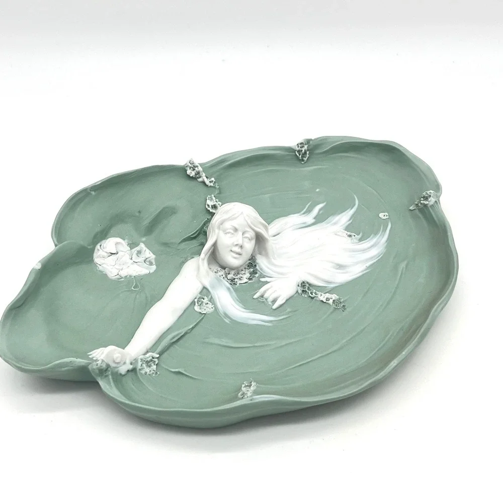Art Nouveau Ceramic Maiden Lily Pad Tray Sage Green White Sculptural Relief 8.5